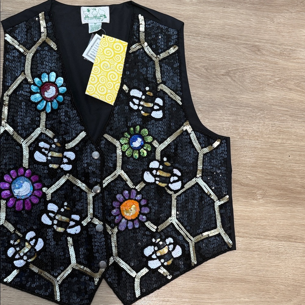 Vintage Quacker Factory Sequin Bees Floral Vest - Picture 4 of 5